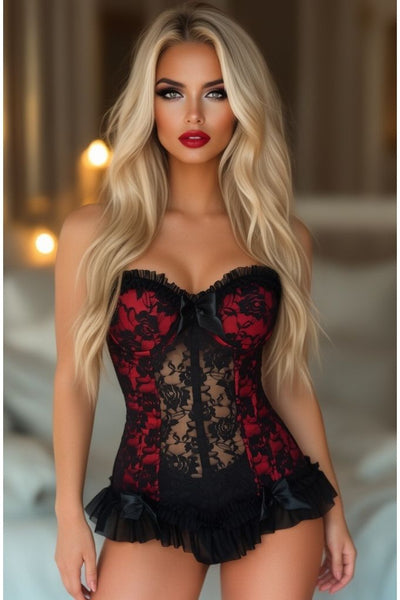 Lavish Red w/Black Lace & Lycra Hook & Eye Stretch Bustier Corset - Daisy Corsets