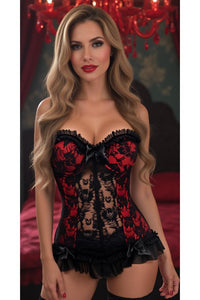 Lavish Red w/Black Lace & Lycra Hook & Eye Stretch Bustier Corset - Daisy Corsets