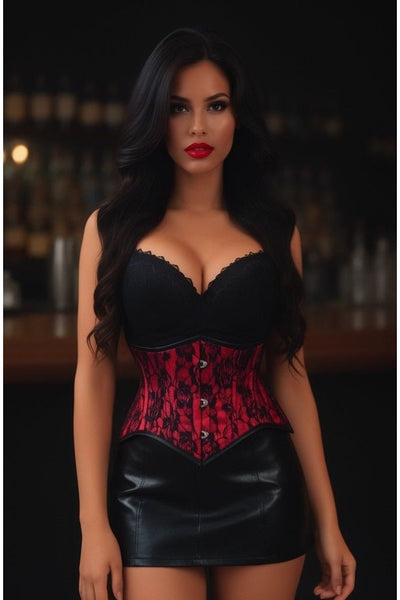 Lavish Red/Black Lace Mini Cincher Underbust Corset Waist Cincher Busk Closure - Daisy Corsets