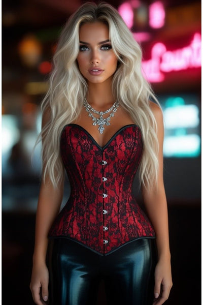 Lavish Red/Black Lace Overbust Corset Sweetheart Neckline Busk Closure - Daisy Corsets