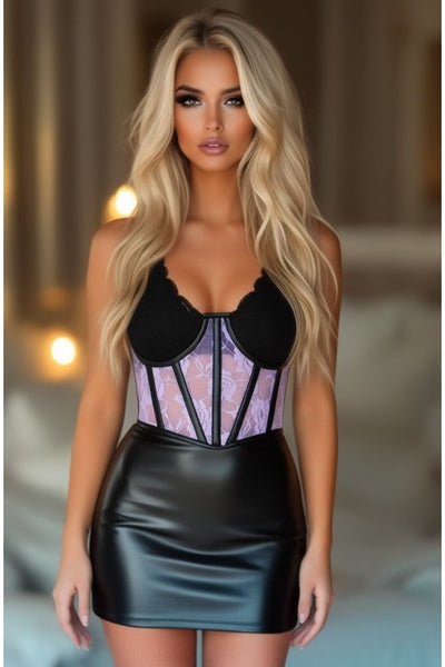 Lavish Sheer Lavender Lace & Faux Leather Open Cup Waist Cincher - Daisy Corsets