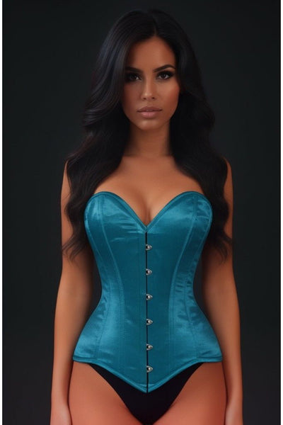 Lavish Teal Satin Overbust Corset Sweetheart Neckline Busk Closure - Daisy Corsets