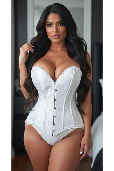 Lavish White Brocade Overbust Corset W/Busk Closure - Daisy Corsets