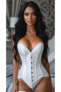 Lavish White Brocade Overbust Corset W/Busk Closure - Daisy Corsets