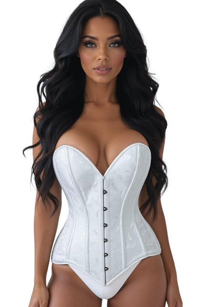 Lavish White Brocade Overbust Corset W/Busk Closure - Daisy Corsets