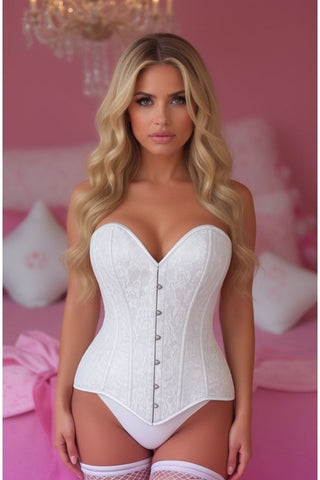 Lavish White Lace Overbust Corset Sweetheart Neckline Busk Closure - Daisy Corsets