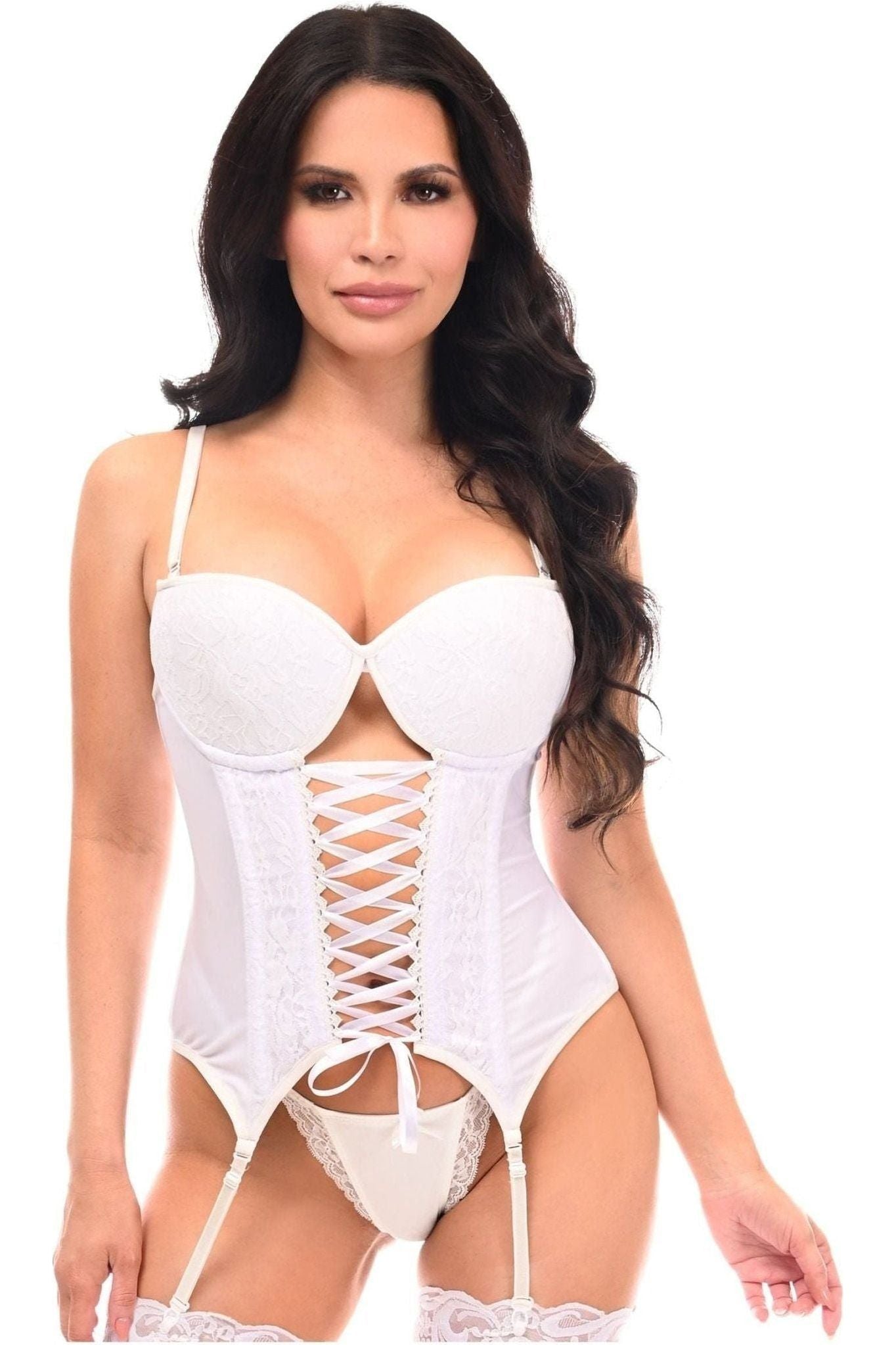 Lavish White Lycra & Lace Hook & Eye Lace - Up Bustier Corset w/Garters - Daisy Corsets