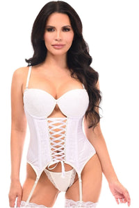 Lavish White Lycra & Lace Hook & Eye Lace - Up Bustier Corset w/Garters - Daisy Corsets