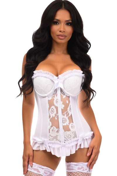 Lavish White Lycra & Lace Hook & Eye Stretch Bustier Corset - Daisy Corsets