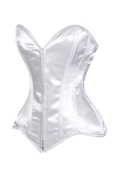 Lavish White Satin Front Zipper Overbust Corset - Daisy Corsets