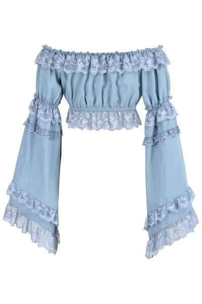 Light Blue Denim Smocked Flare Sleeve Peasant Top - Daisy Corsets