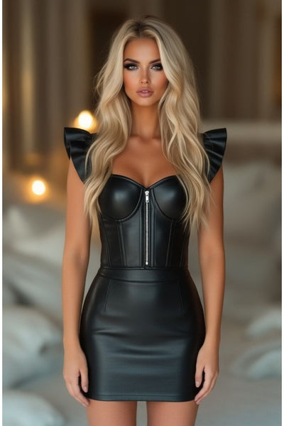LIMITED EDITION Lavish Black Faux Leather Bustier Top w/Ruffle Sleeves - Daisy Corsets