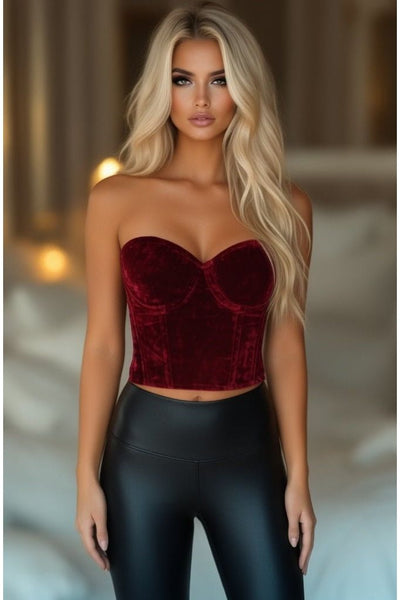 LIMITED EDITION Lavish Dark Red Crushed Velvet Underwire Bustier - Daisy Corsets