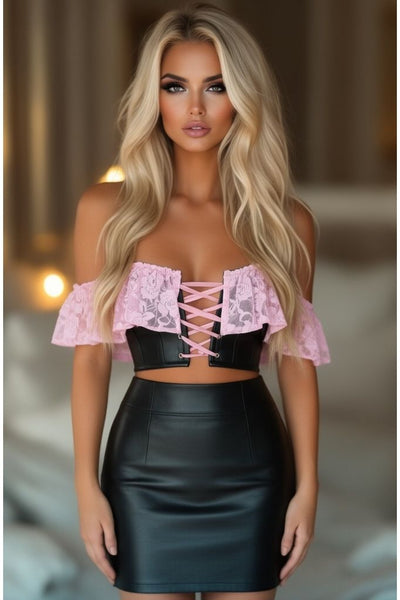 LIMITED EDITION Lavish Lt Pink Lace & Faux Leather Bustier Top - Daisy Corsets