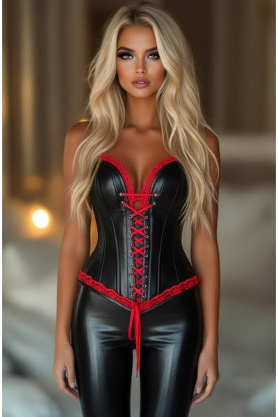 LIMITED EDITION Top Drawer Black Faux Leather & Red Lace Trim Steel Boned Corset - Daisy Corsets