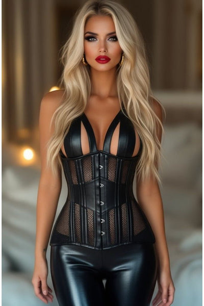 LIMITED EDITION Top Drawer Faux Leather & Fishnet Steel Boned Halter Top Corset - Daisy Corsets