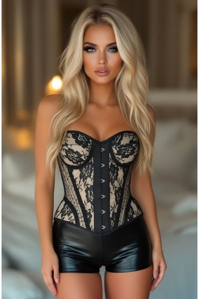 LIMITED EDITION Top Drawer Nude w/Black Lace Steel Boned Underwire Bustier Corset - Daisy Corsets
