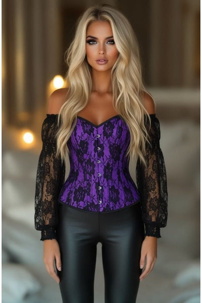 LIMITED EDITION Top Drawer Purple w/Black Lace Steel Boned Long Sleeve Corset - Daisy Corsets