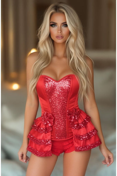 LIMITED EDITION Top Drawer Red Satin & Sequin Steel Boned Corset w/Removable Snap Skirt - Daisy Corsets