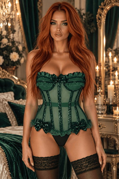 LIMITED EDITION Top Drawer Steel Boned Dark Green Sequin Underwire Bustier Corset - Daisy Corsets