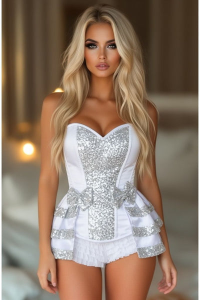 LIMITED EDITION Top Drawer White/Silver Satin & Sequin Steel Boned Corset w/Removable Snap Skirt - Daisy Corsets