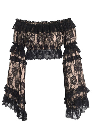 Nude/Black Lace Smocked Flare Sleeve Peasant Top - Daisy Corsets