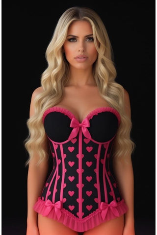 (PRE - ORDER) Lavish Black & Pink Hearts Lycra Hook & Eye Back Closure Bustier - Daisy Corsets