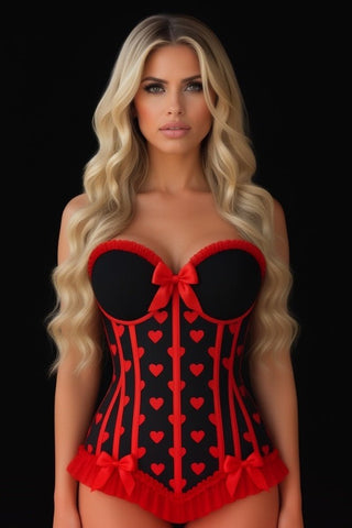 (PRE - ORDER) Lavish Black & Red Hearts Lycra Hook & Eye Back Closure Bustier - Daisy Corsets