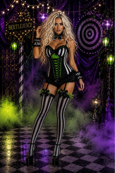 PRE-ORDER Lavish Black/White Stripe w/Green Bustier Corset with Underwire Cups - Daisy Corsets