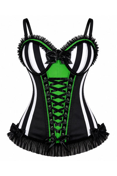 PRE-ORDER Lavish Black/White Stripe w/Green Bustier Corset with Underwire Cups - Daisy Corsets