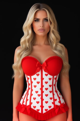 (PRE - ORDER) Lavish White & Red Hearts Lycra Hook & Eye Back Closure Bustier - Daisy Corsets