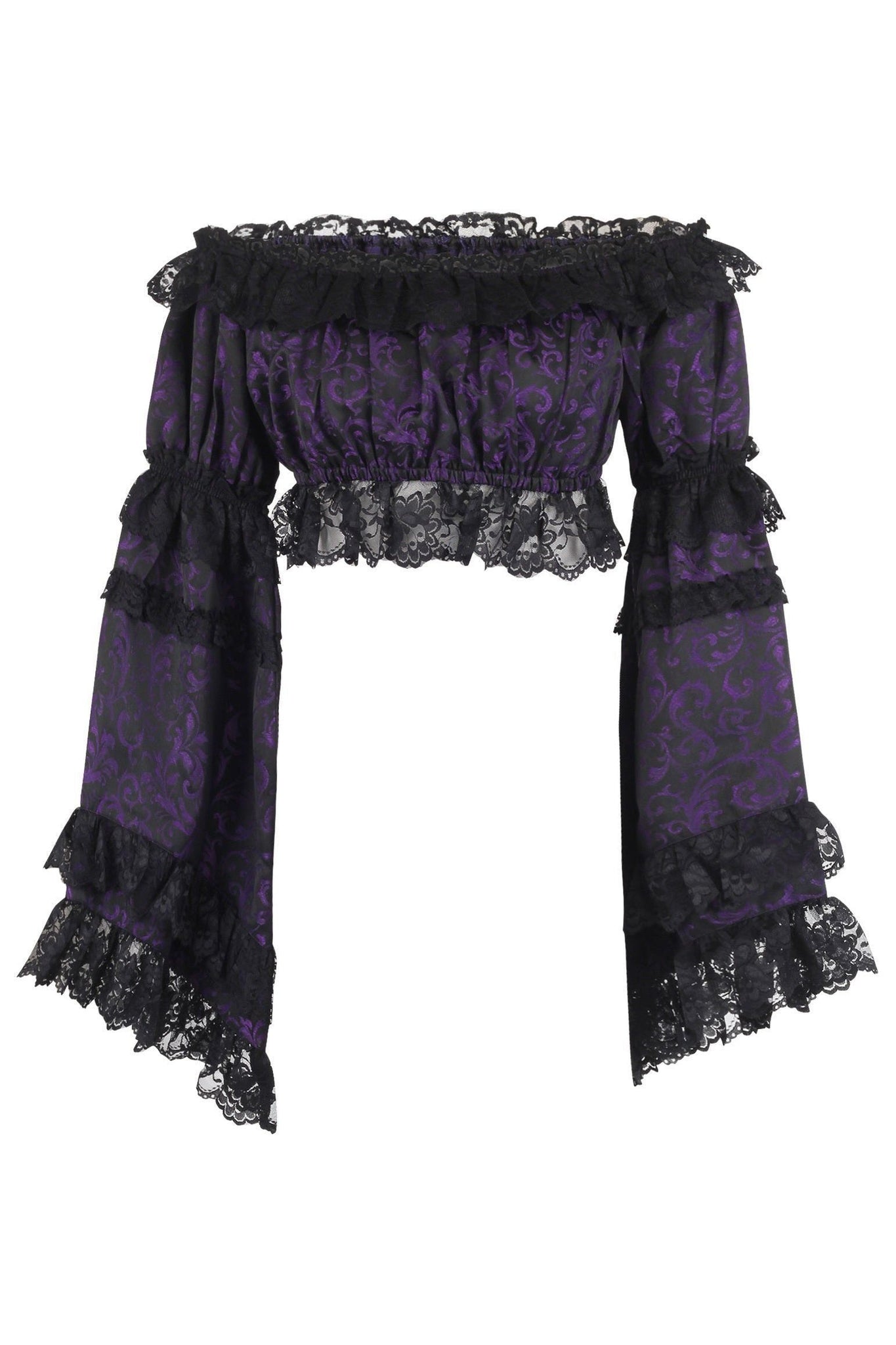 Purple/Black Brocade Smocked Flare Sleeve Peasant Top - Daisy Corsets