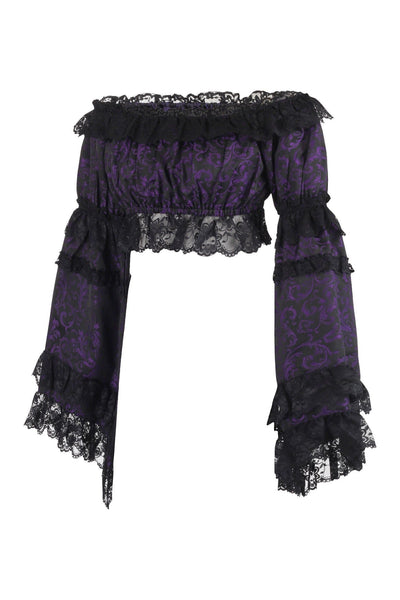 Purple/Black Brocade Smocked Flare Sleeve Peasant Top - Daisy Corsets