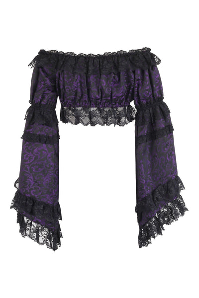 Purple/Black Brocade Smocked Flare Sleeve Peasant Top - Daisy Corsets