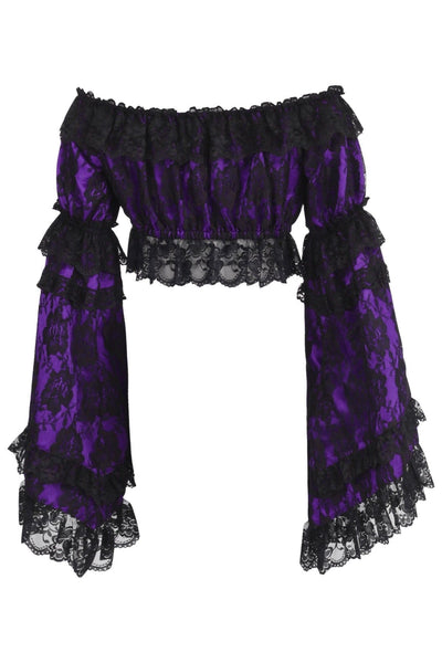 Purple/Black Lace Smocked Flare Sleeve Peasant Top - Daisy Corsets