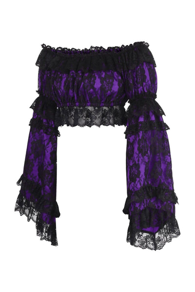 Purple/Black Lace Smocked Flare Sleeve Peasant Top - Daisy Corsets