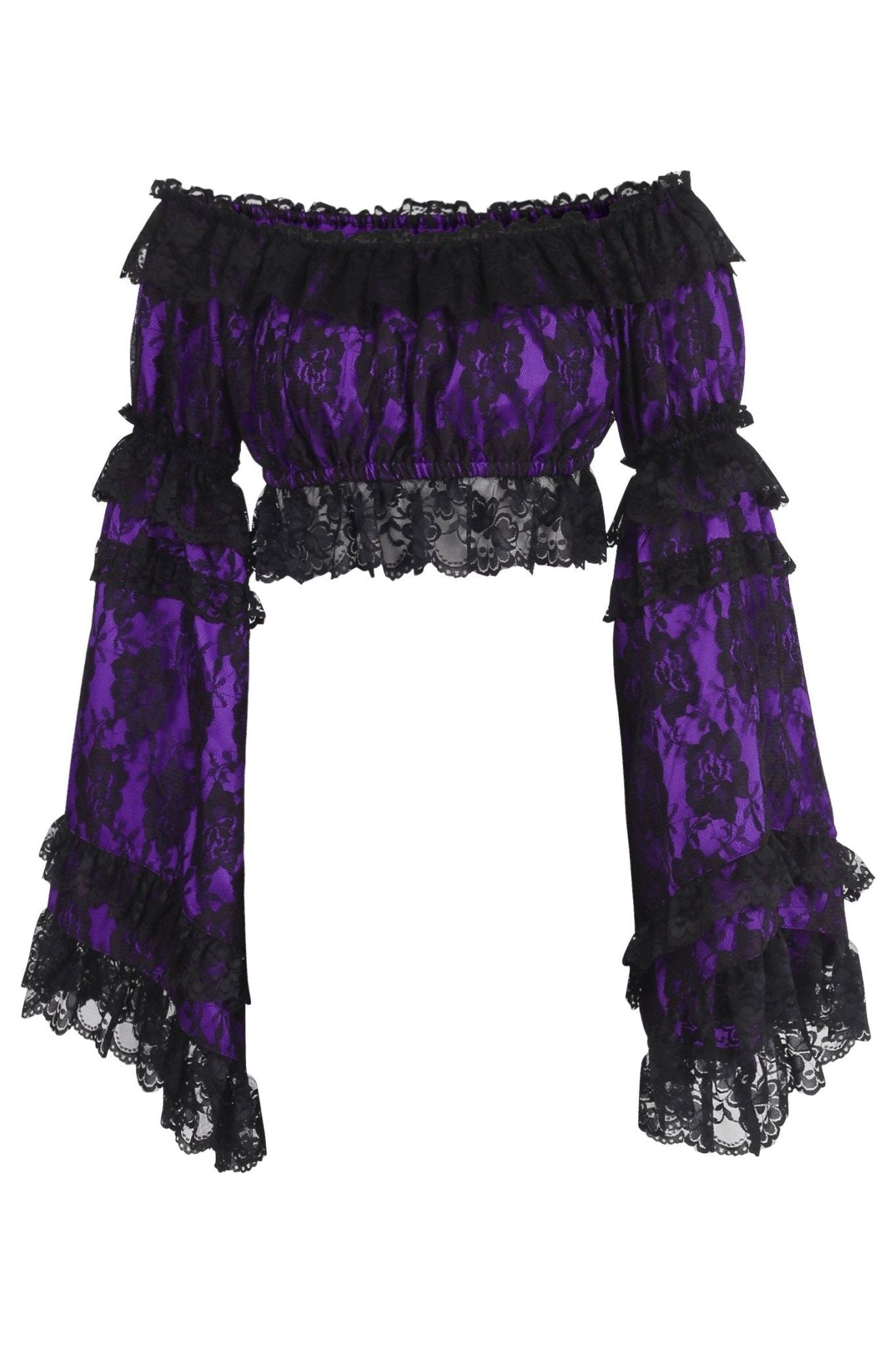 Purple/Black Lace Smocked Flare Sleeve Peasant Top - Daisy Corsets