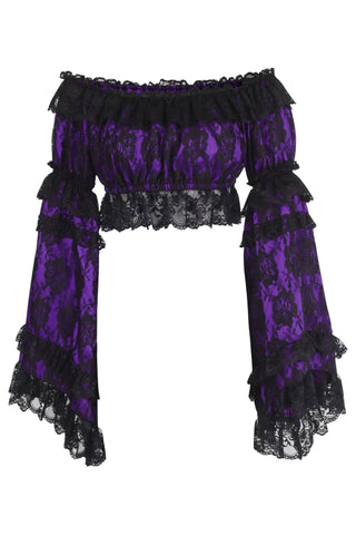Purple/Black Lace Smocked Flare Sleeve Peasant Top - Daisy Corsets