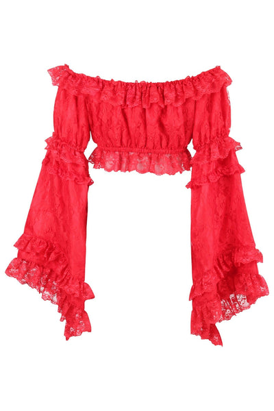 Red Lace Smocked Flare Sleeve Peasant Top - Daisy Corsets