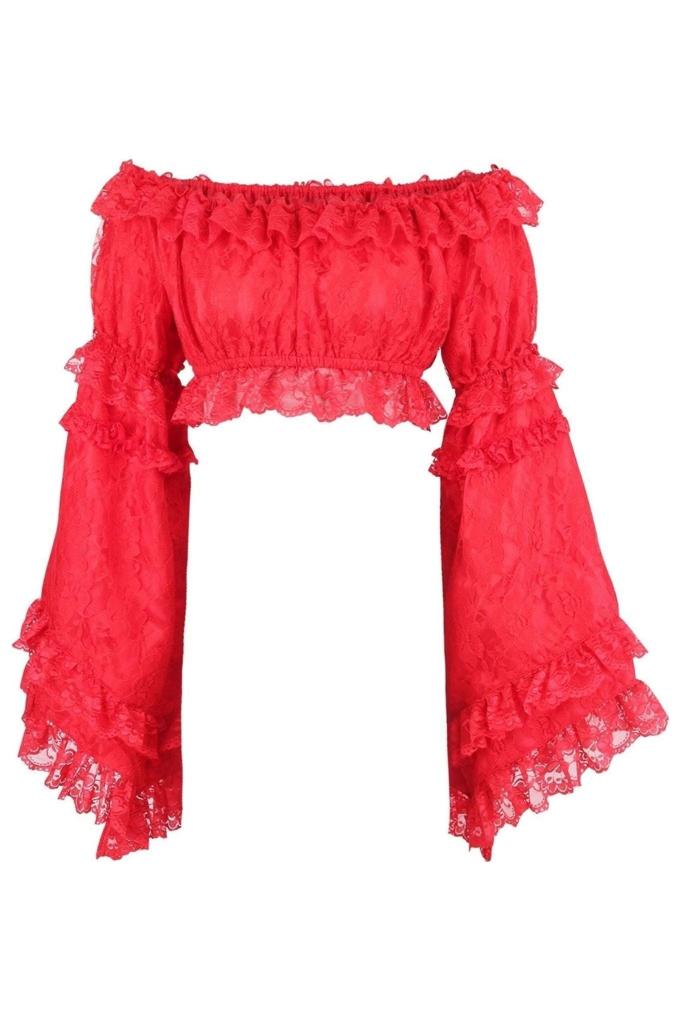 Red Lace Smocked Flare Sleeve Peasant Top - Daisy Corsets