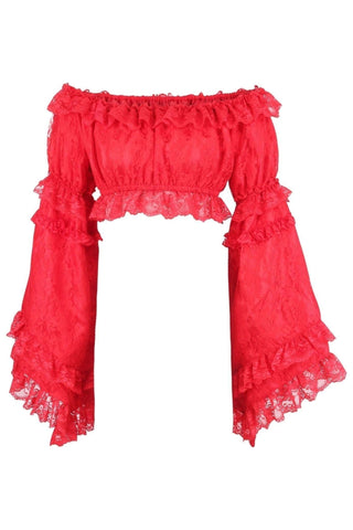 Red Lace Smocked Flare Sleeve Peasant Top - Daisy Corsets