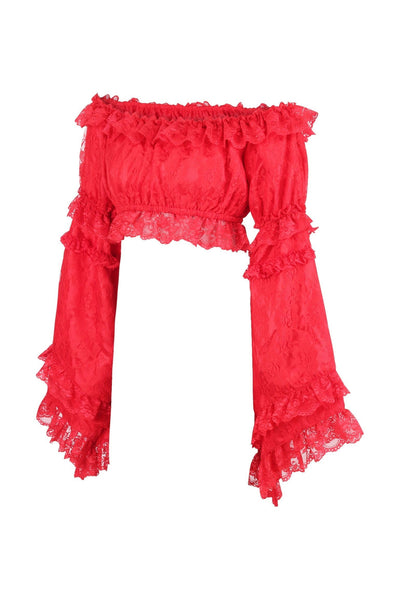 Red Lace Smocked Flare Sleeve Peasant Top - Daisy Corsets