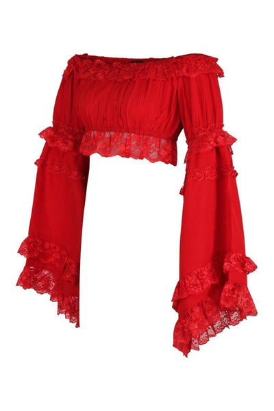 Red Smocked Flare Sleeve Peasant Top - Daisy Corsets