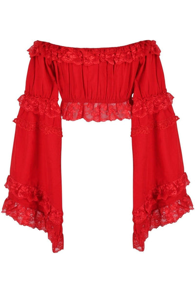 Red Smocked Flare Sleeve Peasant Top - Daisy Corsets