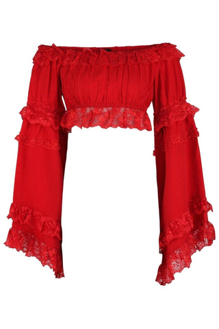 Red Smocked Flare Sleeve Peasant Top - Daisy Corsets