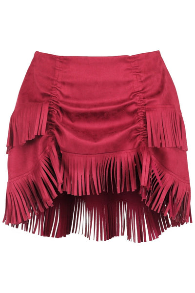 Red Suede Ruched Bustle Skirt w/Fringe - Daisy Corsets