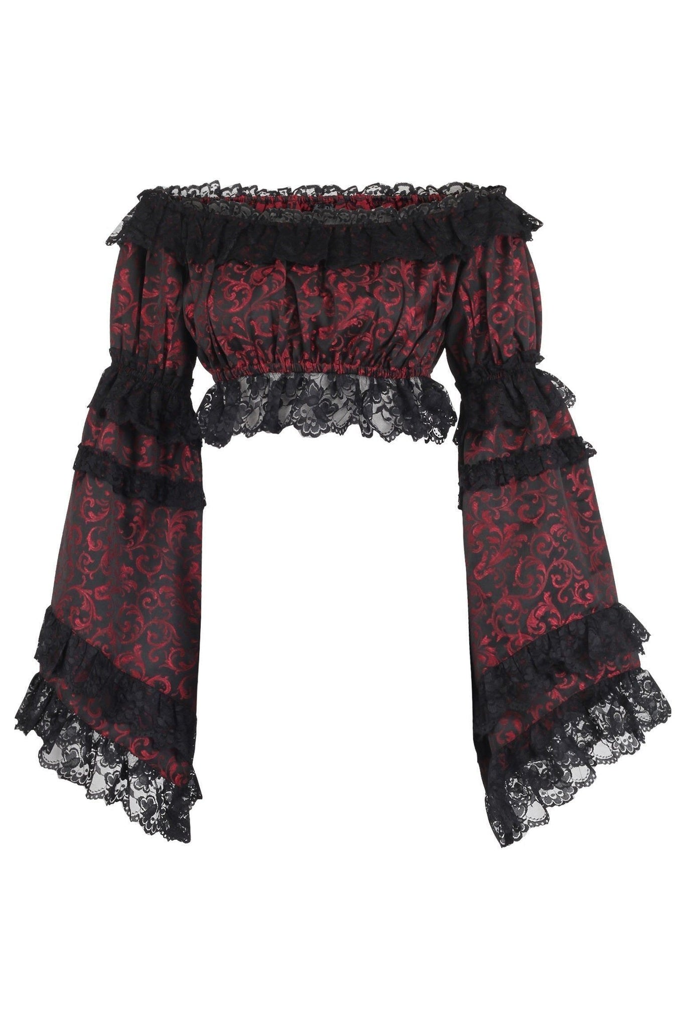 Red/Black Brocade Smocked Flare Sleeve Peasant Top - Daisy Corsets