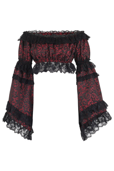 Red/Black Brocade Smocked Flare Sleeve Peasant Top - Daisy Corsets