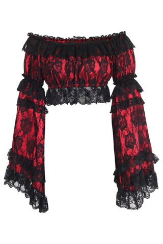 Red/Black Lace Smocked Flare Sleeve Peasant Top - Daisy Corsets
