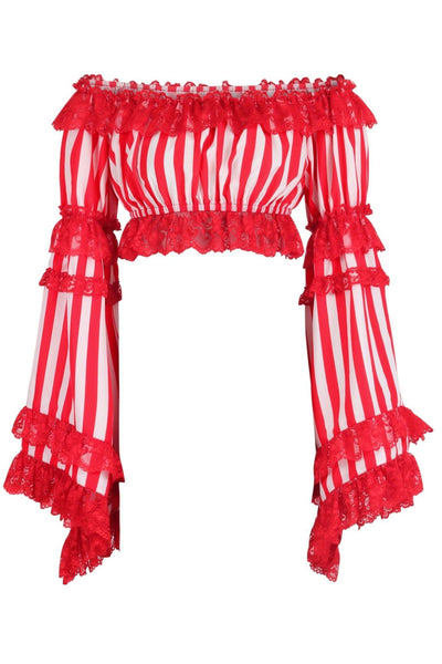 Red/White Striped Smocked Flare Sleeve Peasant Top - Daisy Corsets